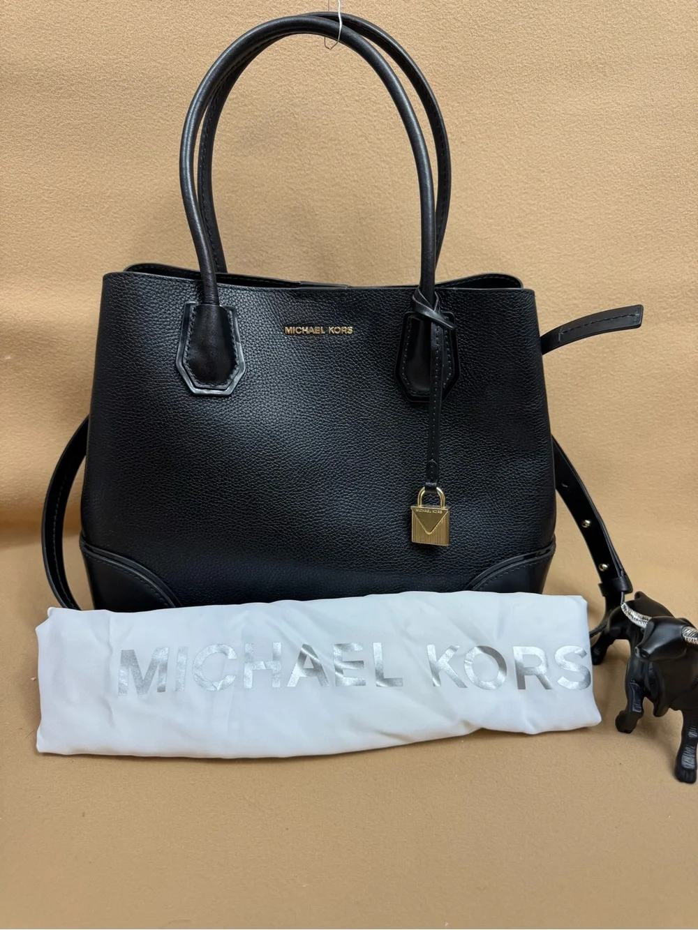 Michael Kors Black Leather Satchel with Gold Charm